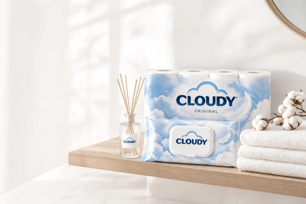 Cloudy toiletpapier, wipes en geurstokjes op een lichte badkamerplank