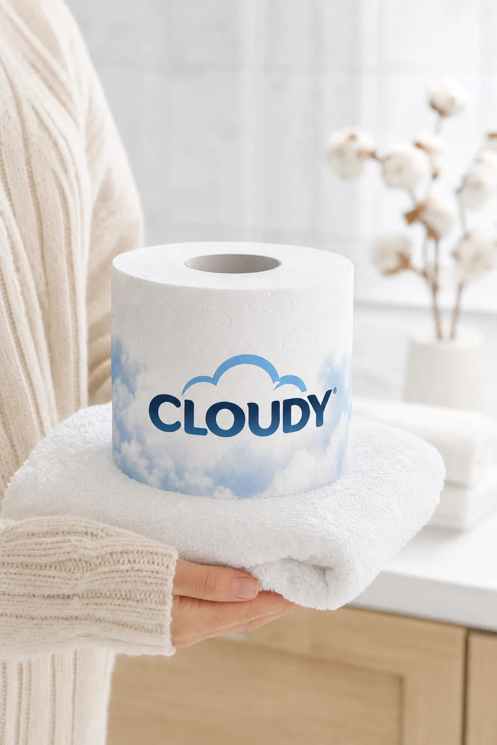 Handen houden een zachte handdoek met een rol Cloudy toiletpapier